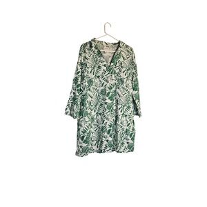 Nicole Miller Linen Rayon Dress SZ 12 White Green Tropical Print Long Sleeve
